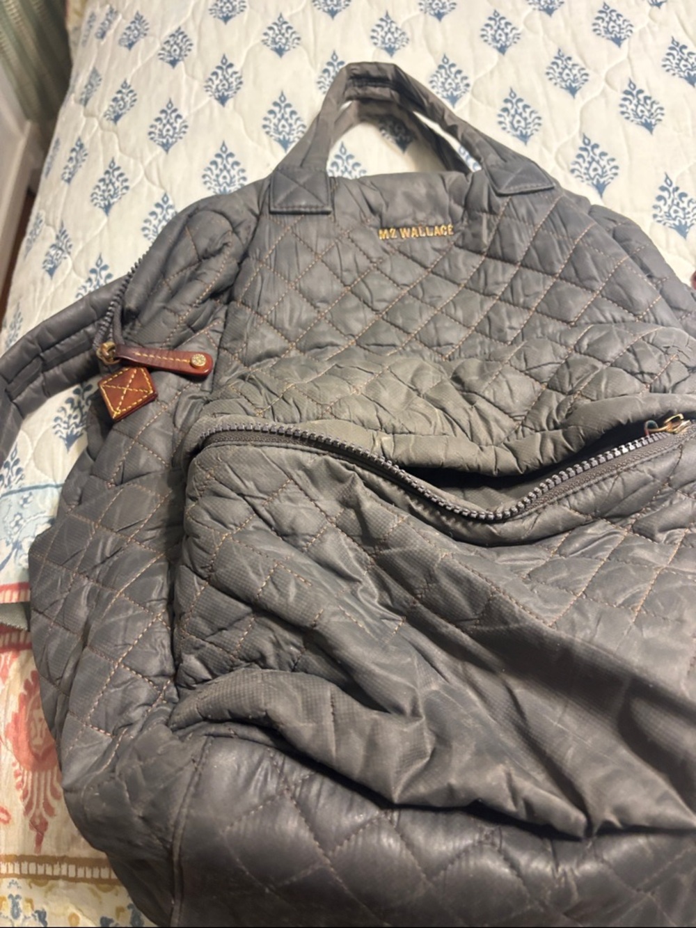 MZ WALLACE Quilted Gray Backpack with Brown Leather Accents